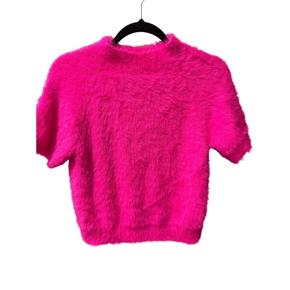 Pilcro Anthropologie Hot Pink Fuzzy Eyelash Knit Short Sleeve Mock Neck Sweater
